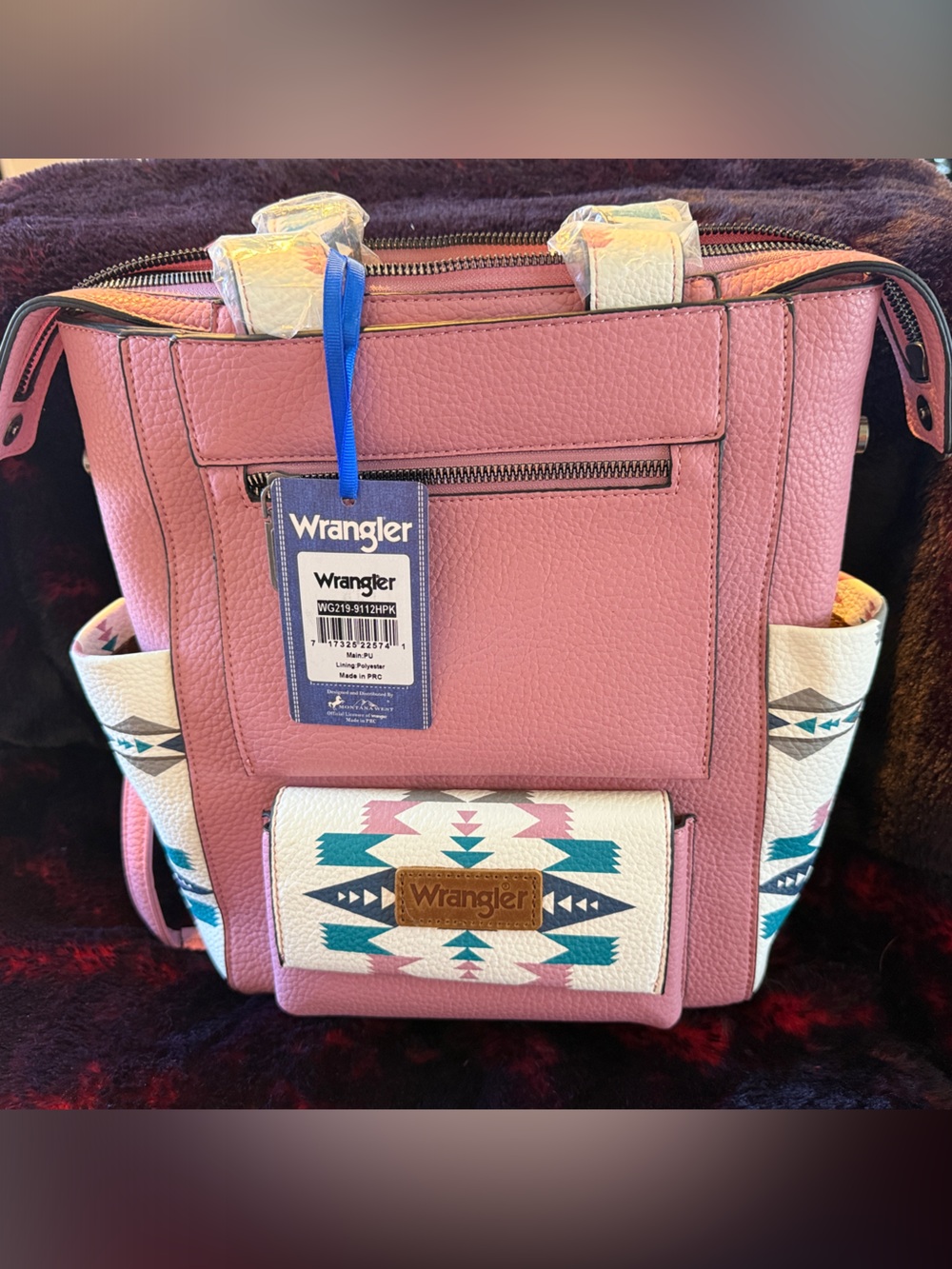 Wrangler Pink Faux Leather Backpack with Aztec Trim